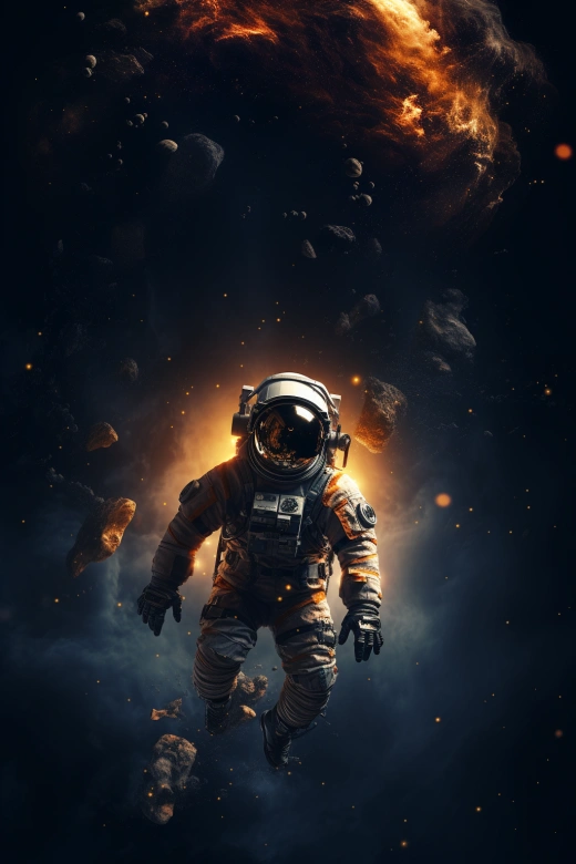 宇航員迷失太空，星光閃耀，黑暗中的8K真實攝影。