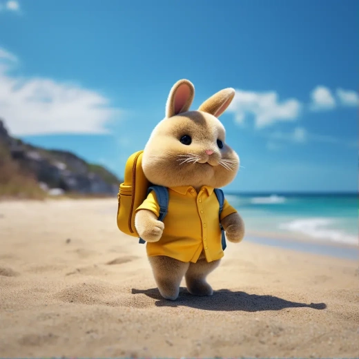 萌兔沙滩漫步：清澈海水与蓝天映衬下的温馨画面
