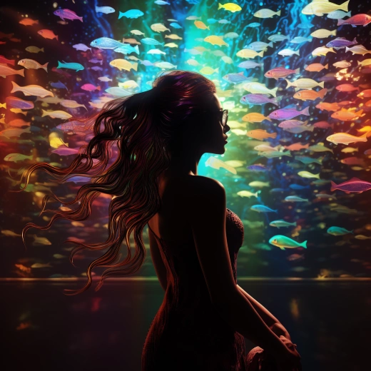 神秘女子馬尾側影，異彩繽紛外星魚相伴，大型水族館背景，引發無限想象