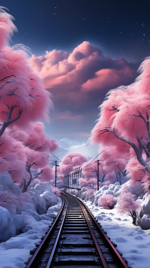 夢幻雪景：粉紅極光與白色雪原相映，小火車穿梭人群，雪山河流暴風雪，絢麗星空閃爍。虛幻引擎4k高清8k呈現。