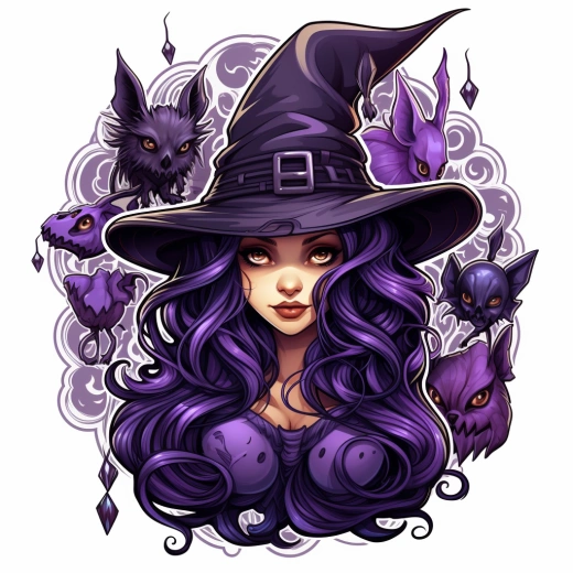 神秘紫白2D插畫帶你走進黑夜，鬼魅女巫在黑暗背景下揮舞她的魔杖