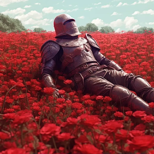 中世纪战士清晨躺在玫瑰田中，神秘诡异的80年代复古黑暗奇幻风格，高清分辨率，VFX特效展示。