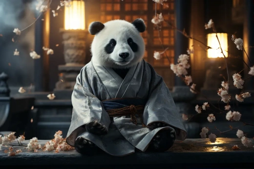 在月光下，穿著漢服的熊貓與古建筑相映成趣