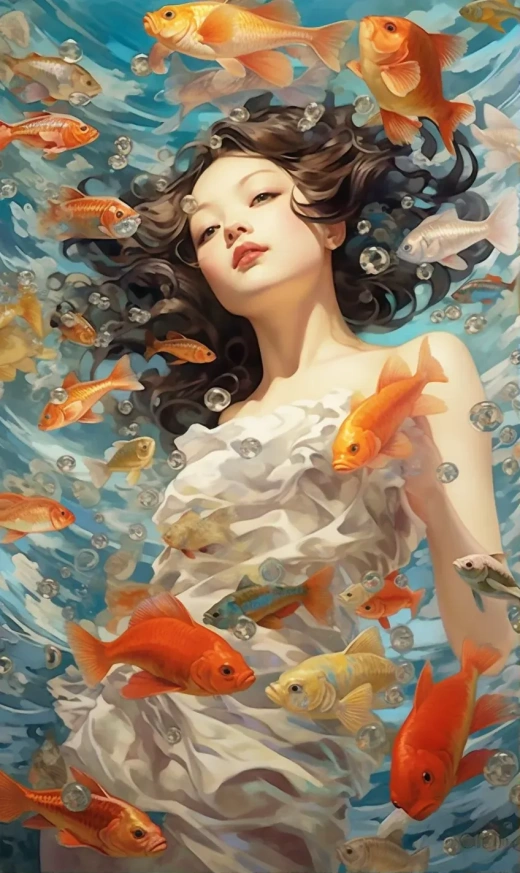深海潛水：五彩斑斕的魚群環(huán)繞，J.C. Leyendecker風格，水彩畫與噴槍技法，李叔興多重閃光表現(xiàn)。