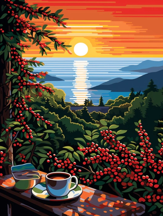 夏日夕阳下的咖啡丛林：像素艺术中的浪漫乡村生活