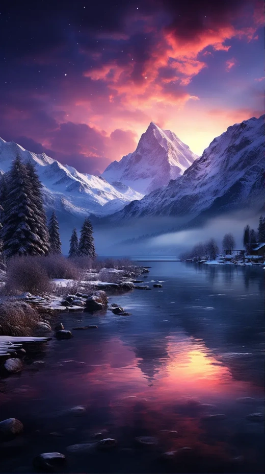 梦幻雪景：粉红极光与白色雪山相映，河川流淌，璀璨星空。虚幻引擎4K高清呈现。