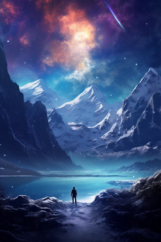 白雪山河間，星云背景下行者，銀幕旁的景觀。