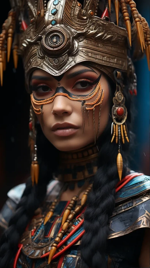美丽的赛博朋克阿兹特克女王：神庙之雨，8K超高清肖像。