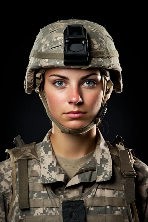 美國陸軍女兵：一位穿著戰(zhàn)斗制服的女性，從頸部到頭盔，站在淺灰色背景前，面向鏡頭，高細(xì)節(jié)，戲劇性照明。