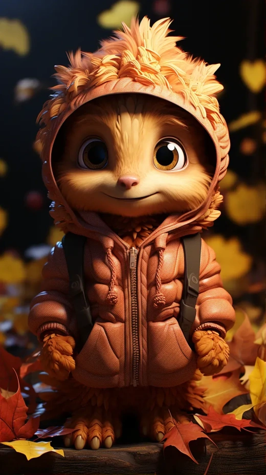 秋日清晨，超可愛的小中國龍亮相，Pixar風格，紅楓葉背景。