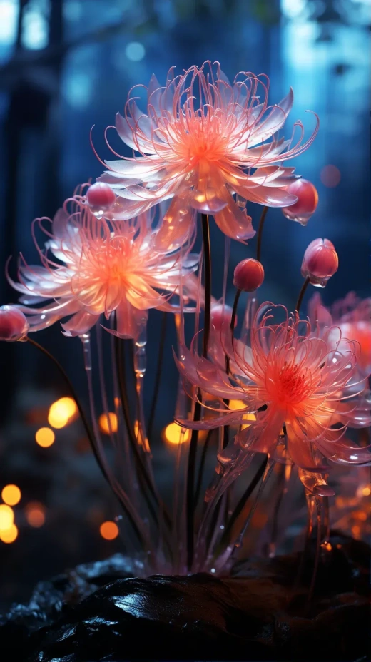 8K HD高解析度：東京森林中的藍蜘蛛菊花與多重曝光的日本動畫《Lycoris Recoil》