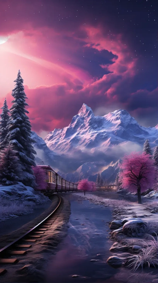 夢幻雪景：粉紅極光與白色雪原相映成趣，小火車穿行其中，人潮涌動，雪山冰川，河流暴風雪，五彩斑斕的星空閃爍，虛幻引擎4K高清呈現。