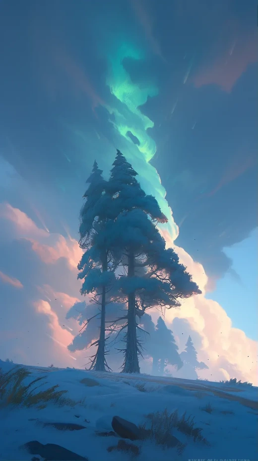 超現(xiàn)實(shí)復(fù)雜CG渲染：透明雪光、圓形綠光與震撼現(xiàn)實(shí)影響細(xì)節(jié)的8K高清景觀攝影