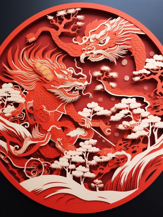 紙雕藝術：龍虎激斗，傳統中國風，純正紅紙，簡約大氣，奢華掛飾