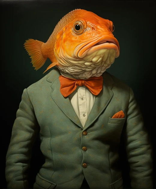 金魚頭部的逼真描繪，諾曼·洛克威爾風格，令人毛骨悚然
