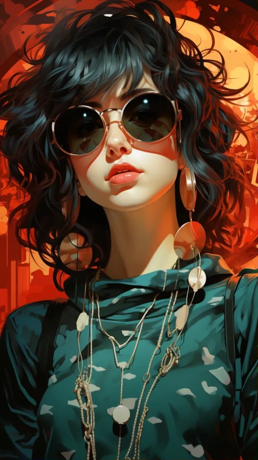 红蓝霓虹色动漫风格女孩，戴着太阳镜的P30手机肖像，Xiaofei Yue与Victor Nizovtsev合作作品