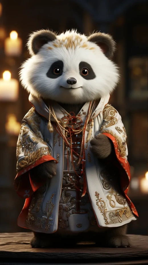 超級可愛的熊貓人形漢服造型，8K高清，Octane Render渲染，VRAY超真實感，Unreal Engine引擎制作。