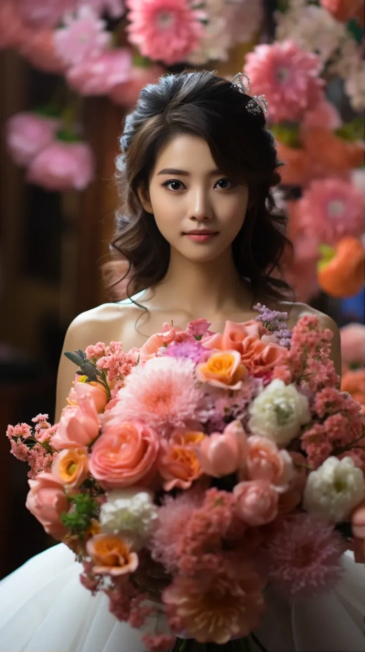 韓式婚紗新娘手持花束，8K高清細膩展現優雅魅力