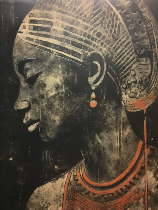 埃及女子佩戴头饰的老式照片：摩洛哥艺术风格的近景，新英国雕塑，青铜铸造，15世纪。