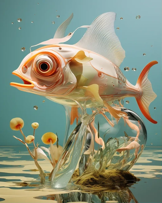立體派生物在透明有機漂浮景觀中漫步