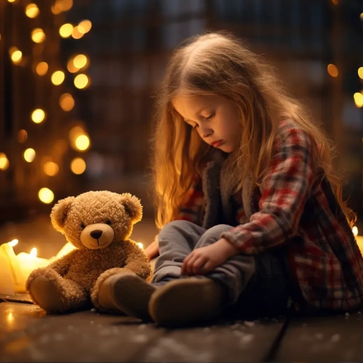孤獨貧困的8歲女孩抱緊小泰迪熊，坐在地板上，模糊背景中的圣誕燈串