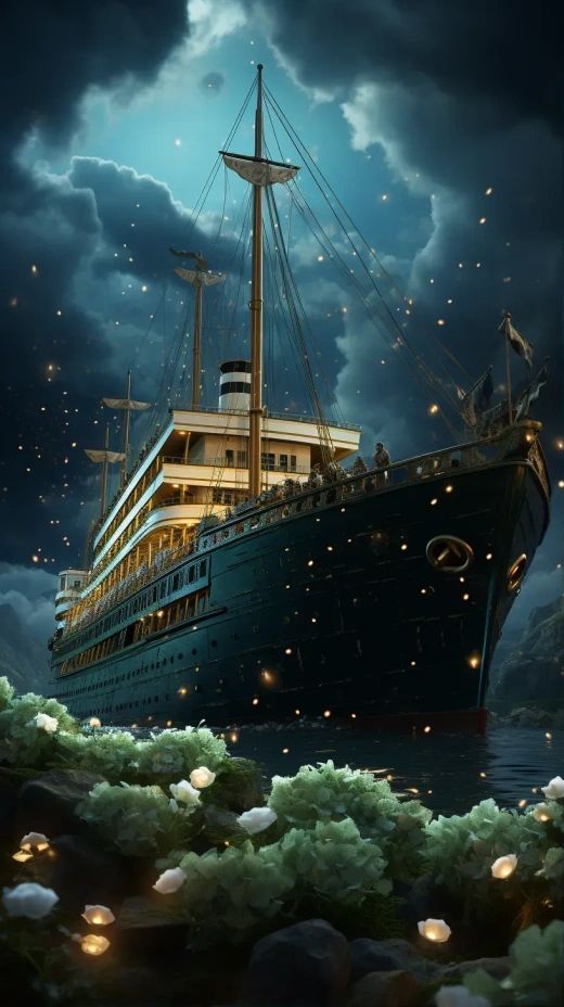 超凡视觉盛宴：璀璨星河中的真实泰坦尼克，梦幻蓝云中的微光玫瑰