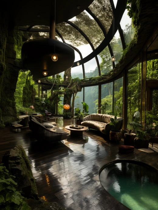 森林中的鸟瞰视角：梦幻圆形房间，自然光线透明玻璃墙，完美打磨的黑色木地板，清新瀑布水池，绿意盎然的舒适休憩空间