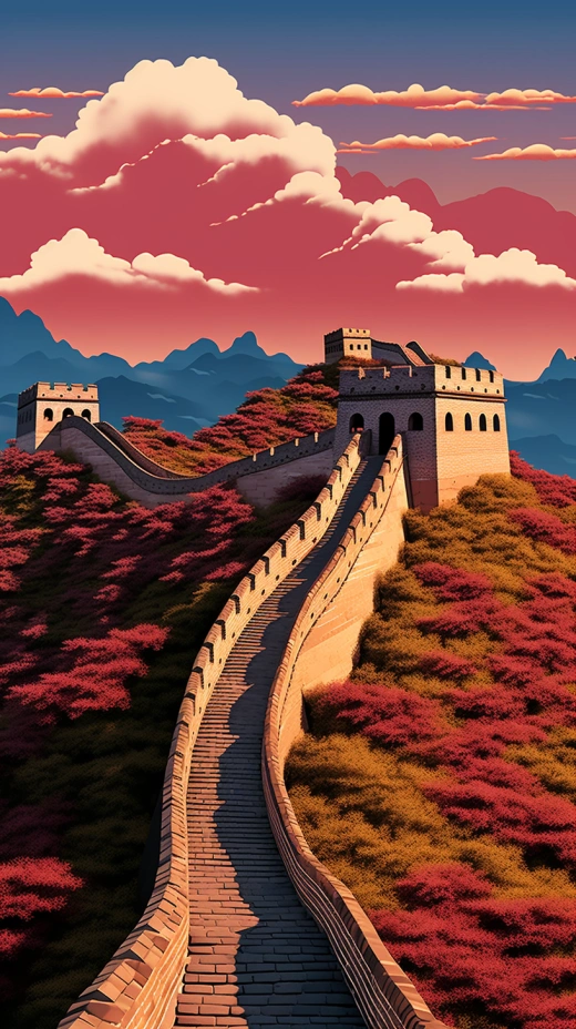 壯麗而纖細的中國長城，扁平而極簡的插畫風格，色彩主題紅黃點綴淺棕和玉綠，散發出明亮而壯麗的景色，類似壁畫，靈感來自民間藝術，用高角度透視呈現。