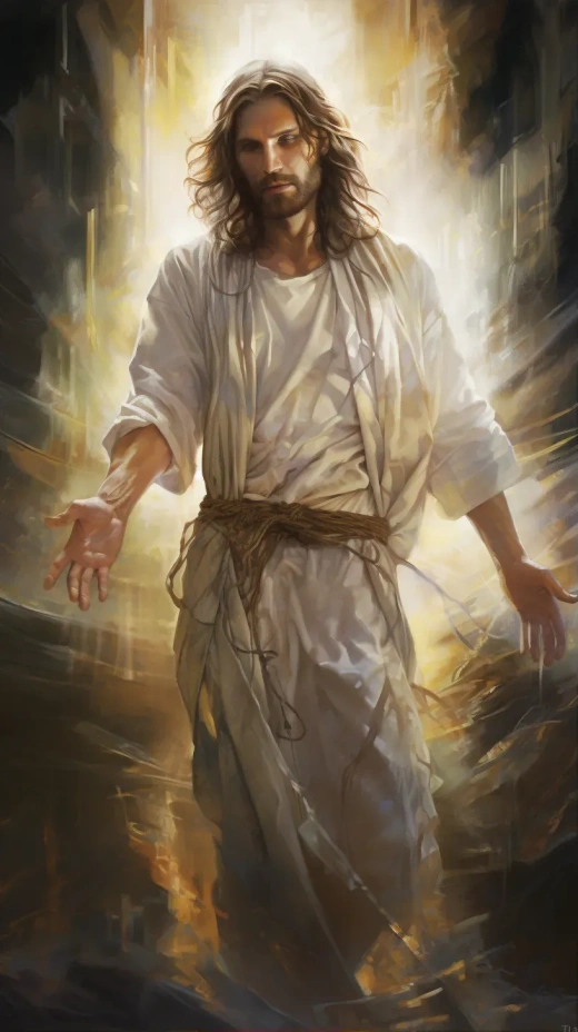 耶稣基督：光芒四射，红救赎的透明十字架在身后，眼中闪烁着爱与慈悲的能量。