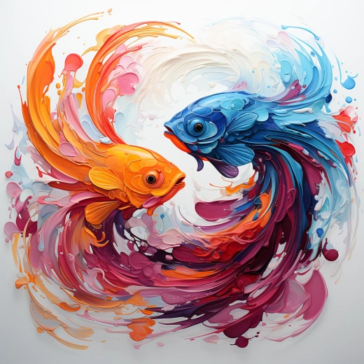 絢麗抽象：彼得·馬克斯風格，白底雙魚逆游，橙紫藍，迷幻十二宮
