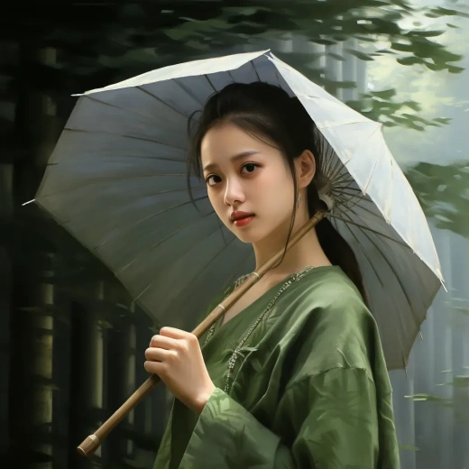 翠竹林中，青衣女子執(zhí)油紙傘，細(xì)雨濛濛