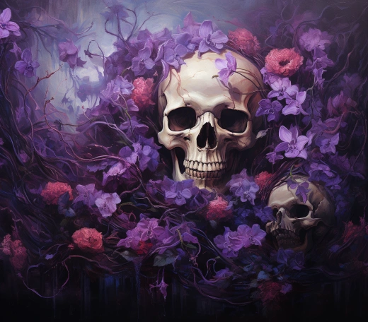 “紫色詭異：抽象油畫紋理中的骷髏與花朵”