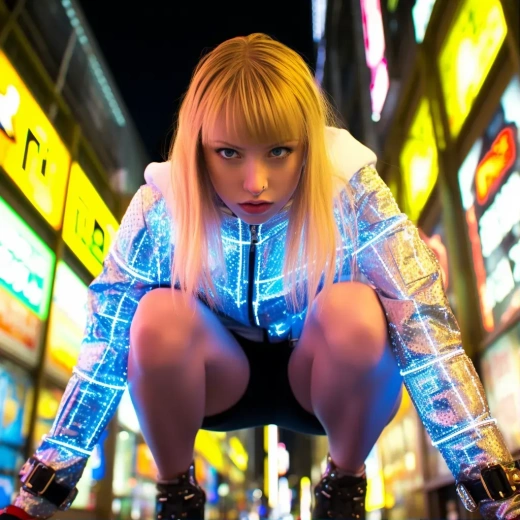 未來之城：金發碧眼美女超模，身著緊身短褲，低角度展現細雨中的獨特魅力