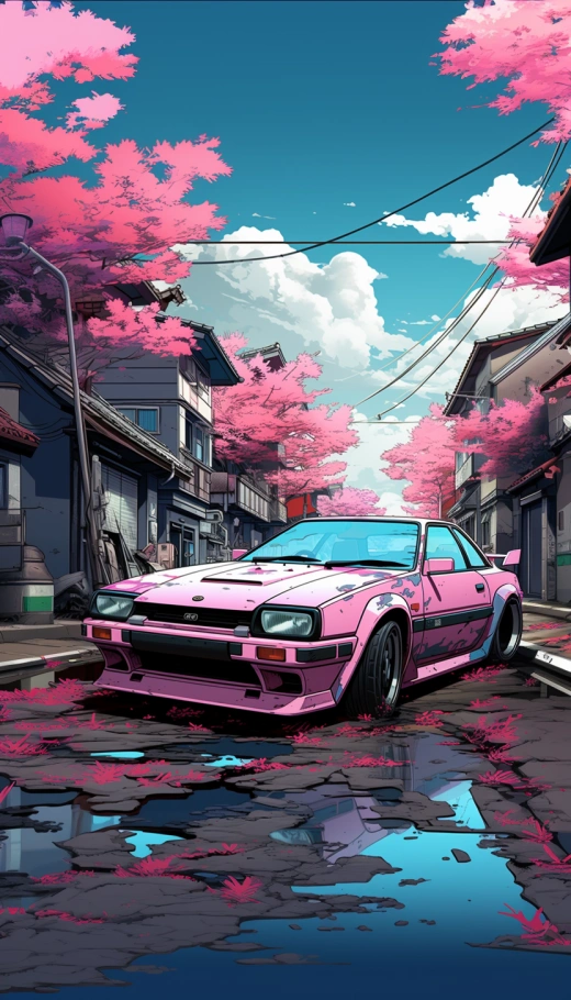 絢爛街頭，Toyota AE86倚街而停，浸染Hiroshi Katsuragawa與Tomer Hanuka風格，卡通般場景，粉青夢幻間。