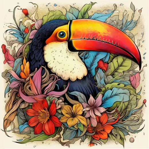 熱帶花卉與鳥類：精細的水彩畫，黑白線條描繪的鸚鵡肖像與熱帶植物