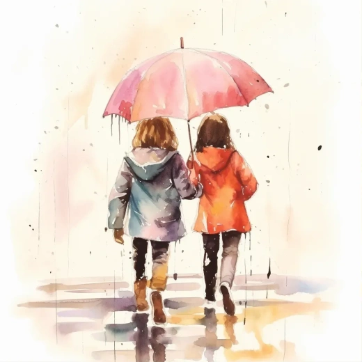雨中同行：兩位年輕女孩共傘畫面
