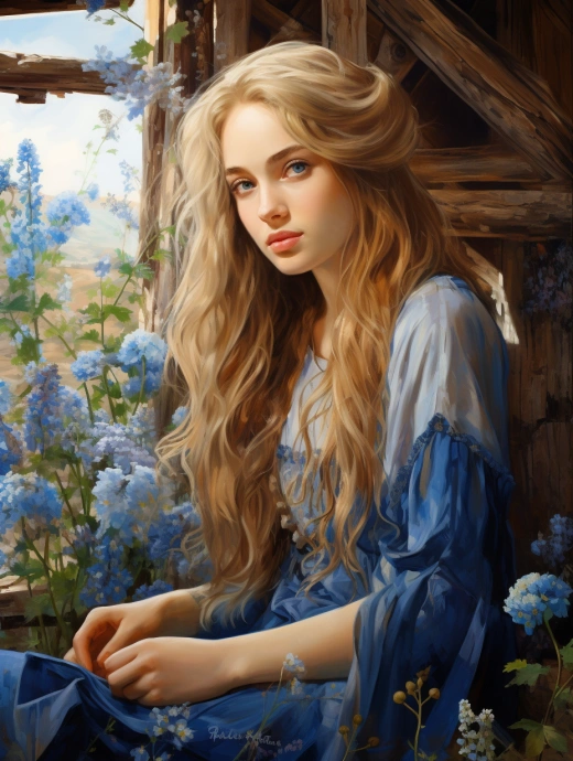 “夢幻風景中，金發碧眼的女子，藍花編織發飾，坐在木屋陽臺，唯美絢麗。”