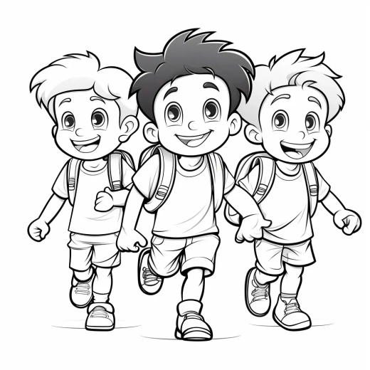 男孩涂色頁：簡約卡通風格，動畫效果，黑白畫法，粗線條，適合幼兒，手繪畫，純白背景。