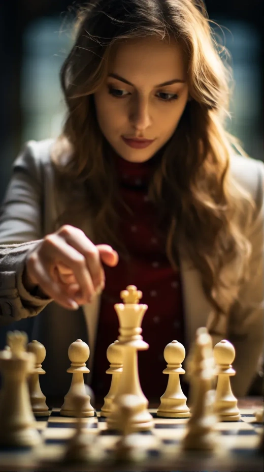一名女子下棋，手持國際象棋棋盤，鏡頭曝光過度