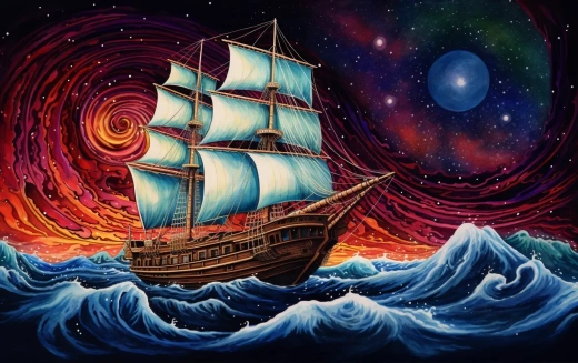 宇宙帆船幻想現(xiàn)實主義插畫：超細節(jié)彩色水墨卡紙藝術