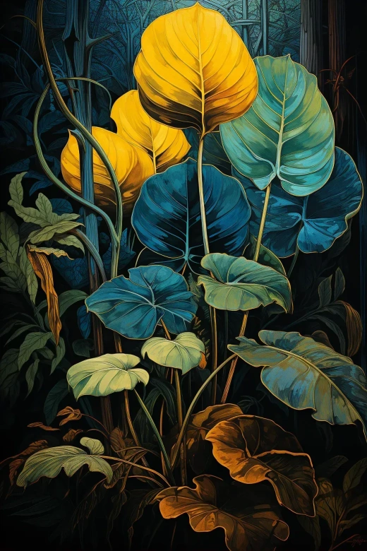蓝黄怪兽叶与翠绿亮蓝叶共生，1918-1939年(两次世界大战间)德国包豪斯风格，热带象征主义，暗房印刷，非具象艺术，弯木版画。