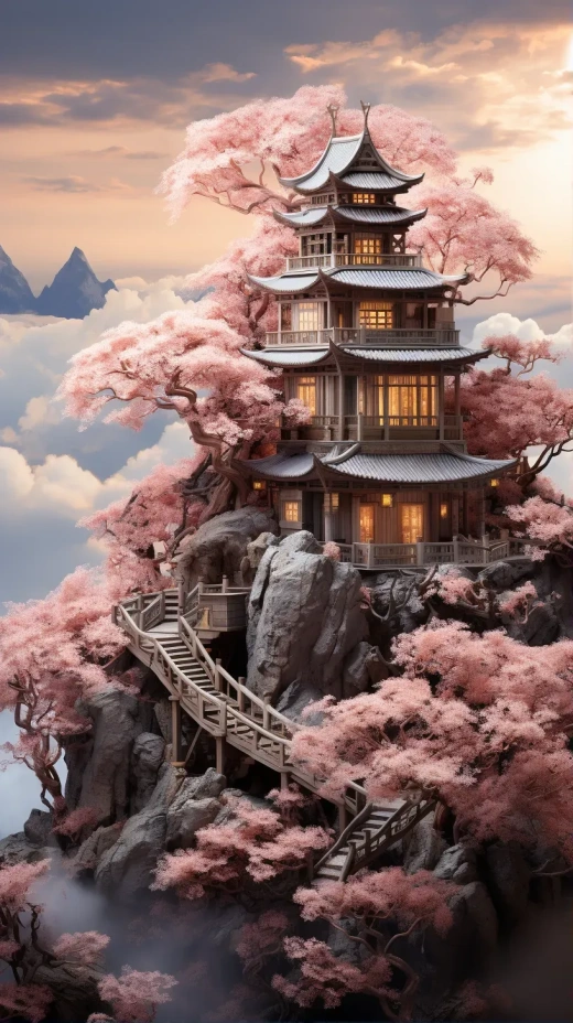 夢幻櫻花樹屋：云海之上，高清晰細膩全景