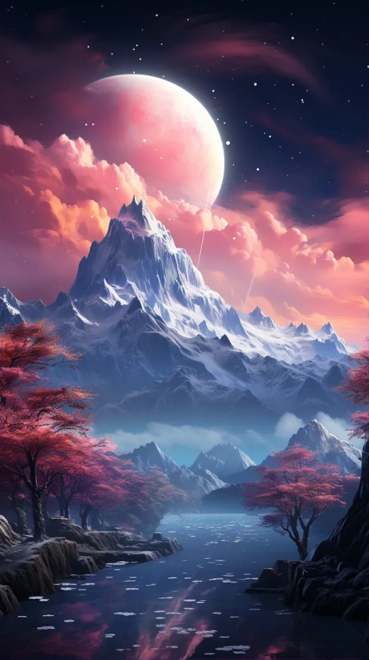 粉紅極光映雪峰，河流穿越冰封世界，絢麗星空閃爍如夢，虛幻引擎4K高清呈現。