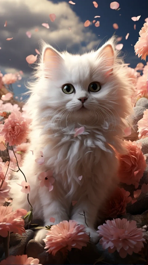 梦幻仙境：雪白可爱小猫，手握粉红玫瑰，眼含桃花瓣，流云之间。