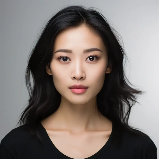 美麗的亞洲白皮膚女子，證件照，白色背景，黑色襯衫