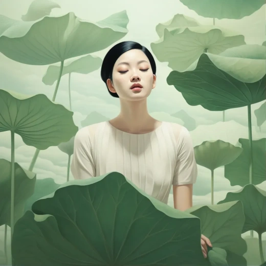 巨蓮葉下，思考中的少女