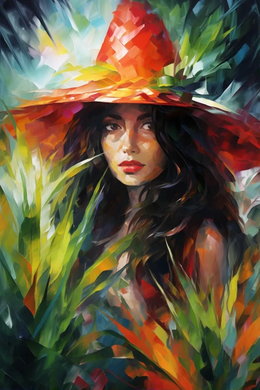 在James Nares和Leonid Afremov的風(fēng)格下，描繪一位熱帶夏威夷女巫的畫作。