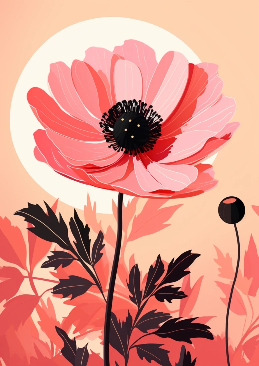 粉色背景下的太陽抽象花卉：大膽圖形插畫中的浪漫詩意