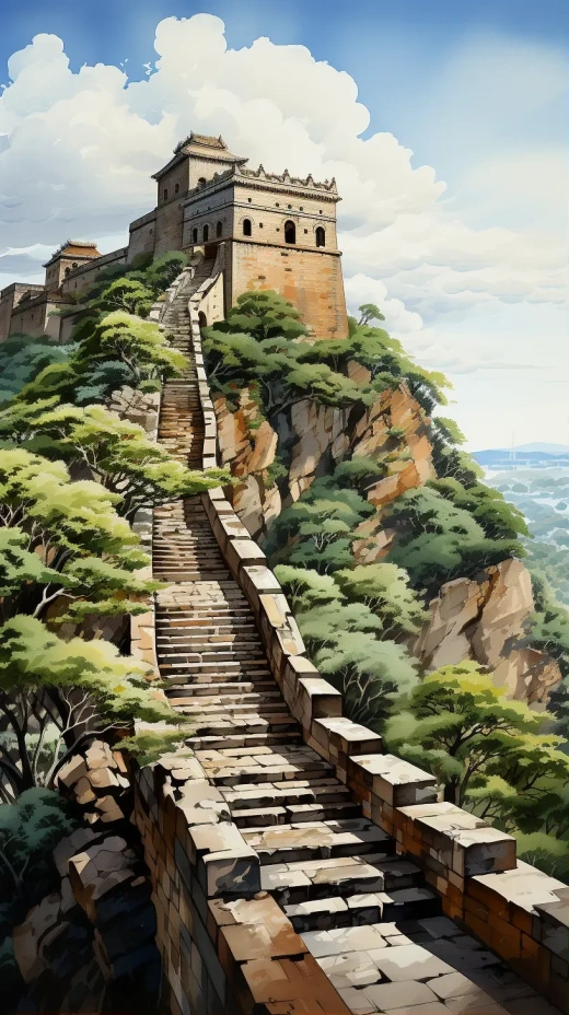 長城夢幻水彩畫：超高清UHD數字藝術，動漫風格細膩線條，神奇魔法現實主義