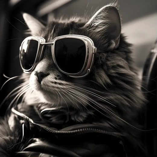 黑白猫戴墨镜的柴油朋克风格动画GIF，Shuzo Oshimi创作，Groovy灰铜色调。